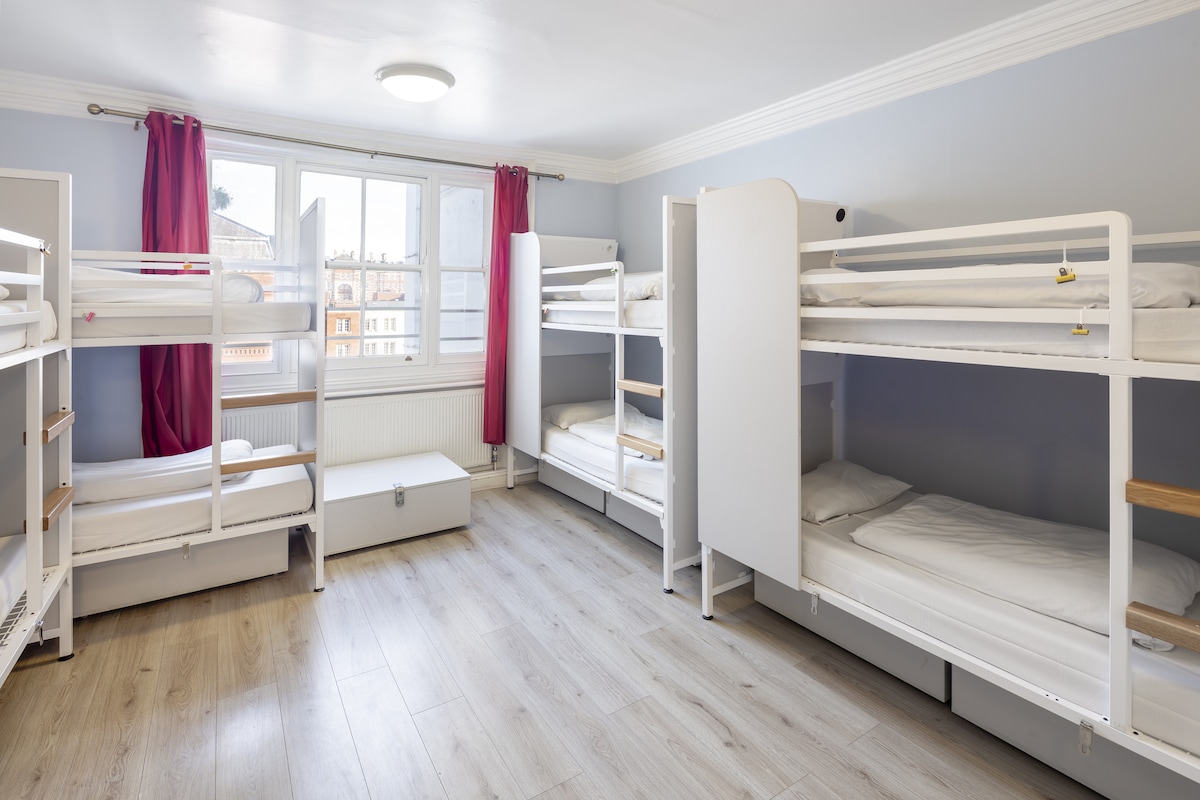 A shared dormitory room features multiple bunk beds arranged against the walls. Light-colored wooden flooring complements the soft blue walls. Natural light comes through a large window with sheer curtains, adding brightness to the space. Each bunk has fresh linens, inviting a comfortable stay.