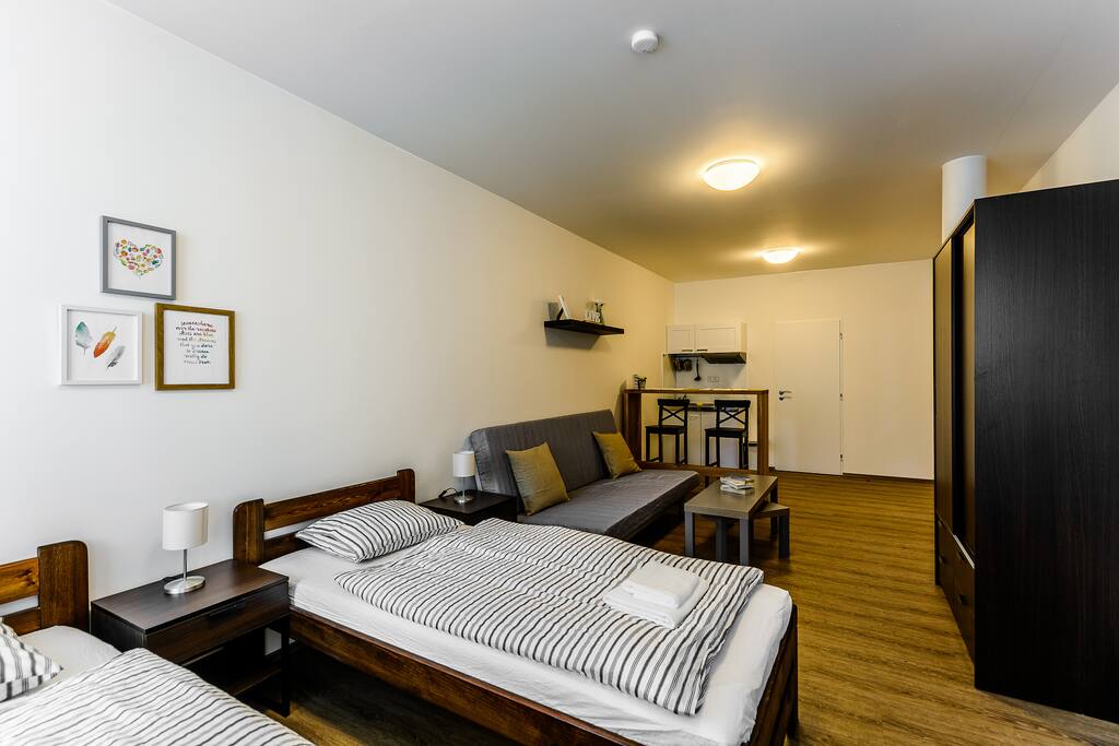 Two comfortable beds and a foldable sofa