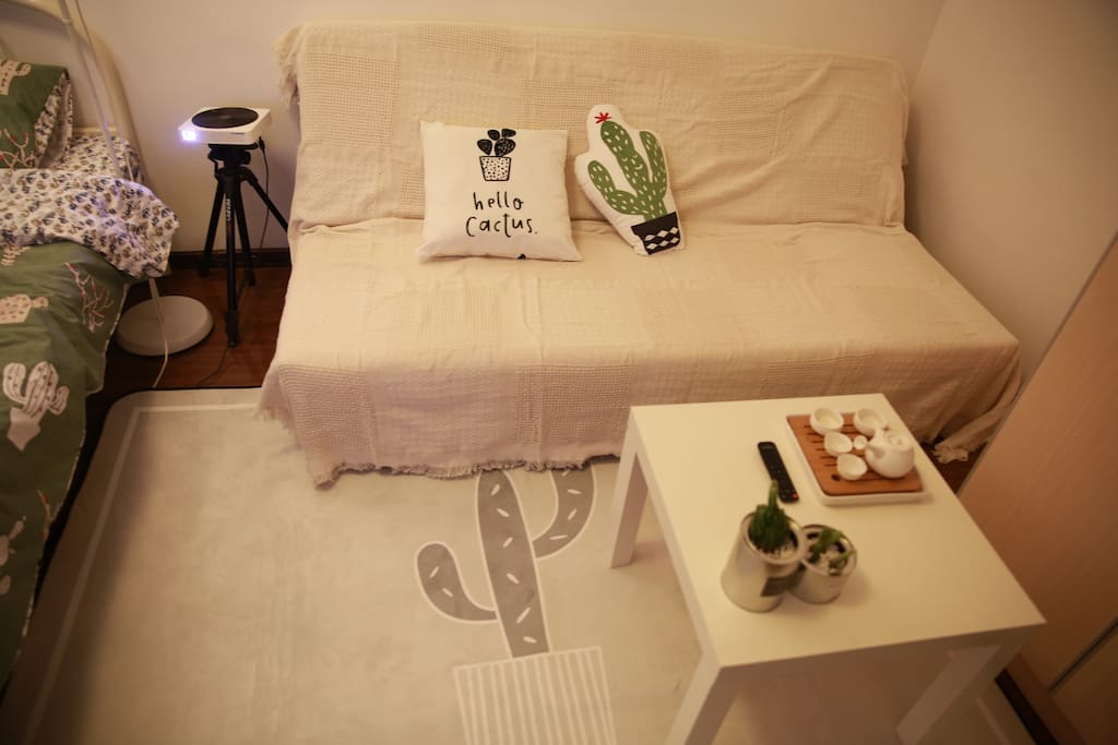 沙发区域,【地毯】超级软 可以躺在地毯上品茶 看投影
You can enjoy tea and films on the soft cactus carpet.