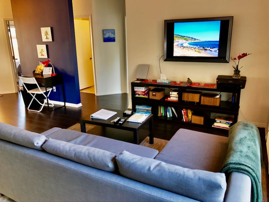 Big screen TV with Cable/HBO/Netflix.