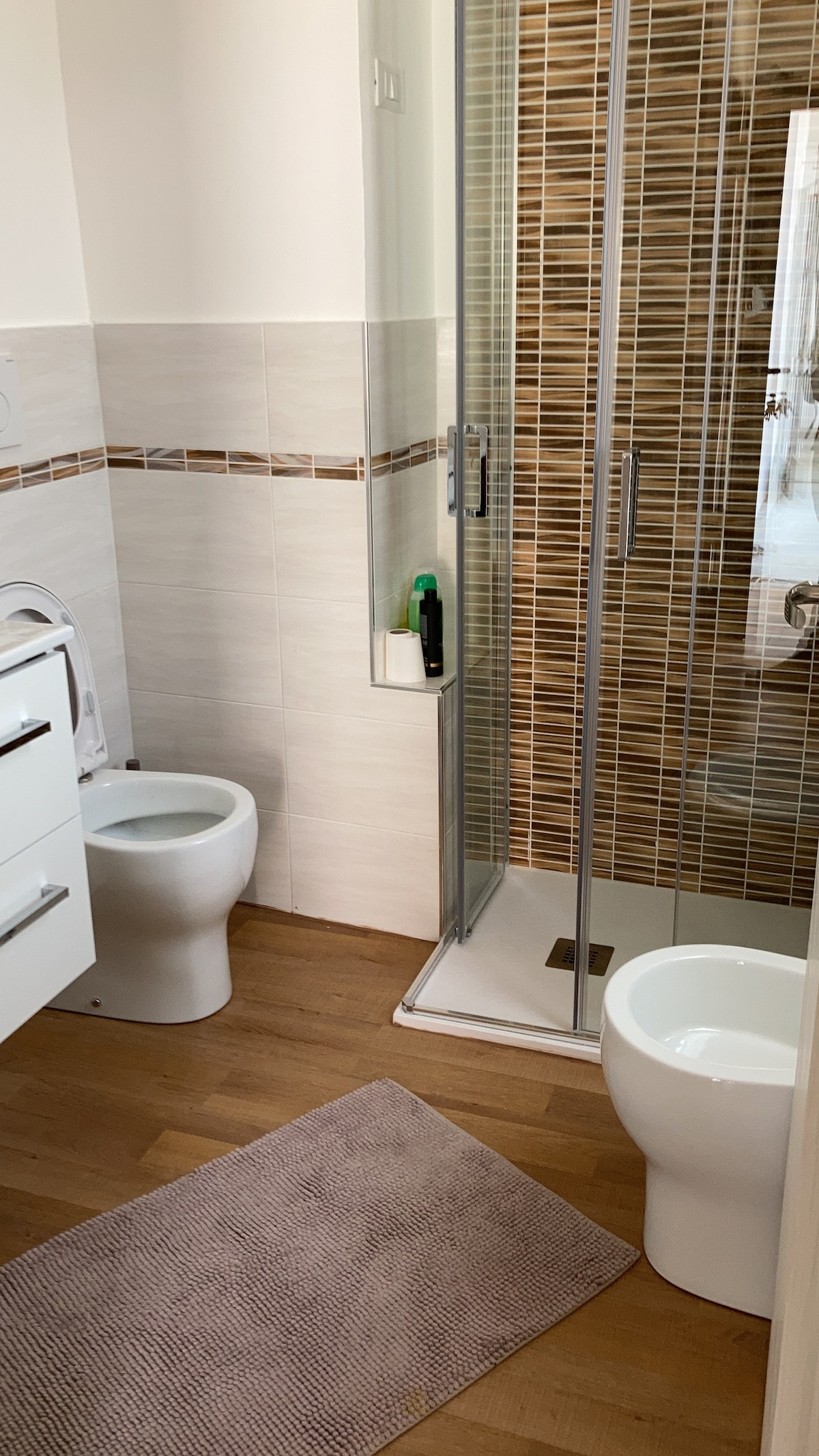 A modern bathroom features a spacious shower enclosure with a glass door. Two sanitary fixtures, a toilet and bidet, are present. Crisp white cabinetry is complemented by neutral wall tiles, and a soft bath mat lies on the wooden floor.