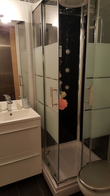 salle de bain avec douche à jets massants et radio . serviettes et tapis de sol à dispo dans l appartement
