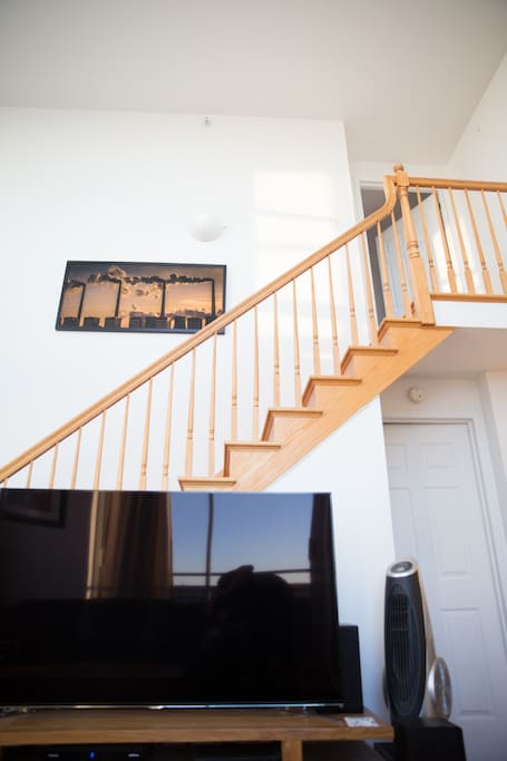 The bedroom is at the top of the steps. 65” HD TV