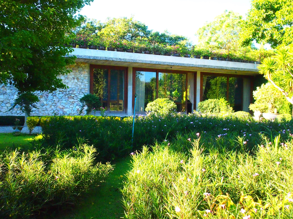 A modern building is surrounded by lush greenery and blooming plants. Large glass windows offer a view of the exterior gardens. A roof garden adds an element of nature, contributing to a peaceful environment.