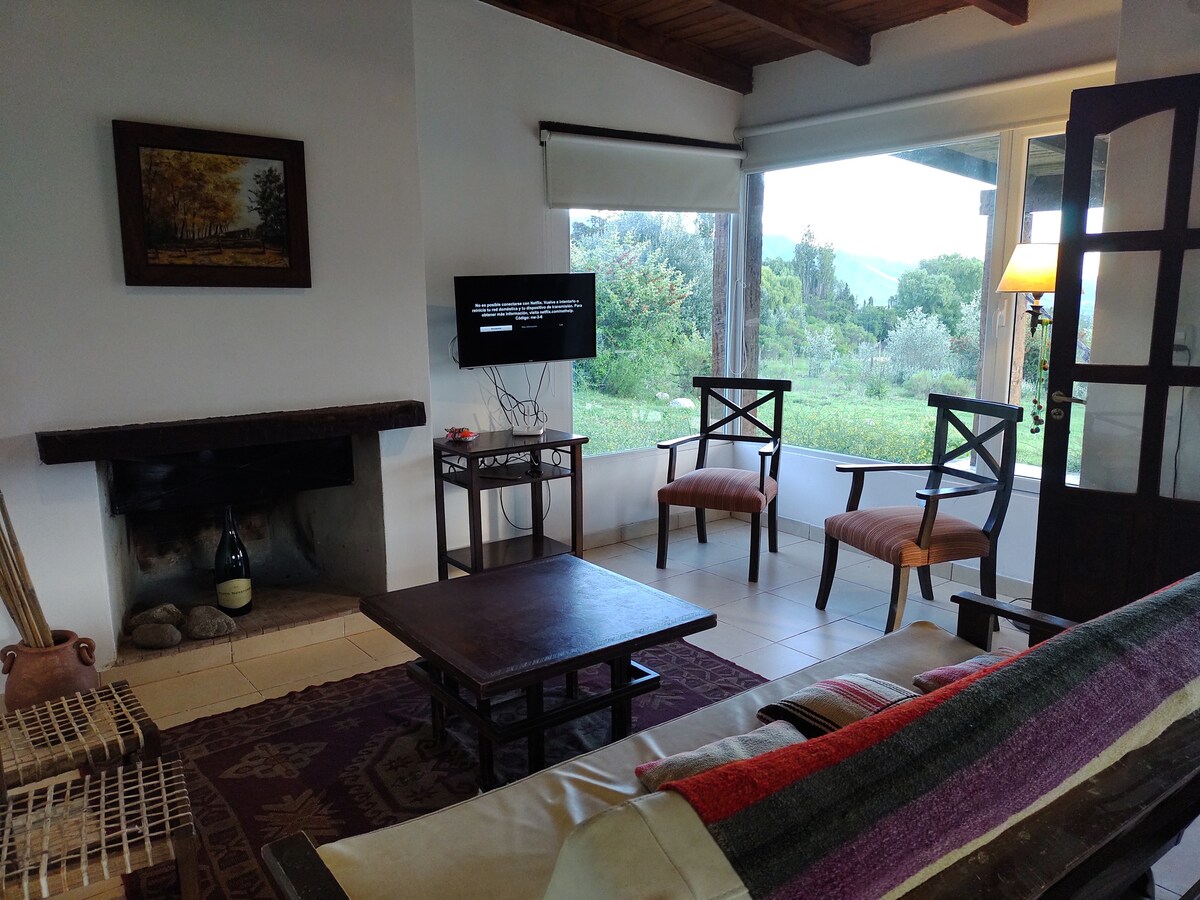 A cozy living area features large windows that provide views of the surrounding landscape. Two wooden chairs with cushions are positioned around a low table, while a television is mounted on the wall. A fireplace sits beside a rustic piece of artwork, adding character to the space.