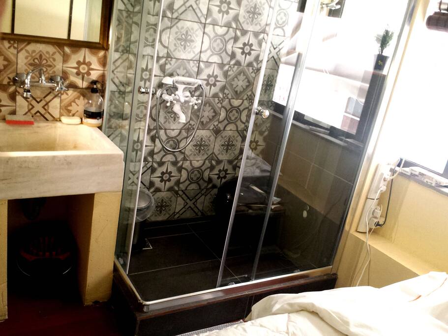 Closer look to the kitchen and the shower with the toilet!