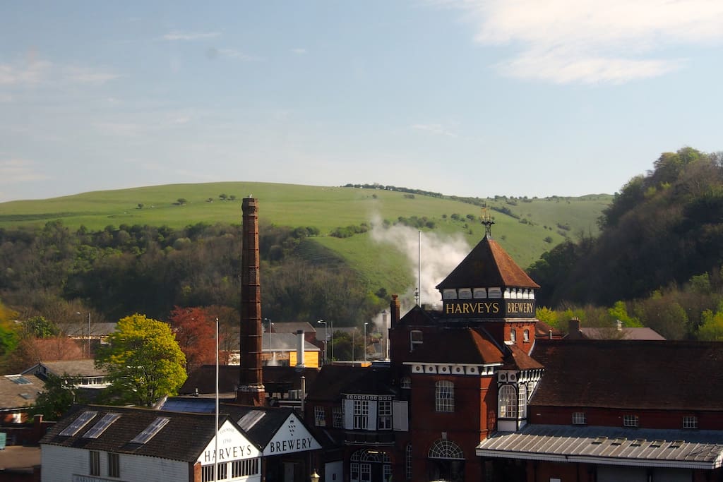 View of local brewery Harvey's and South Downs from upstairs landing