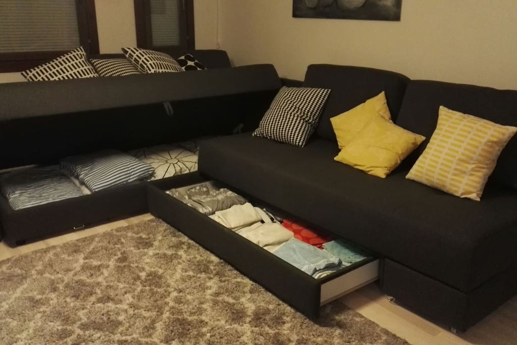 Pillows, blankets, bed linen and towels are inside the sofa.