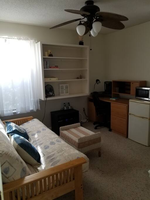 queen futon-couch with kitchenette, desk and wifi