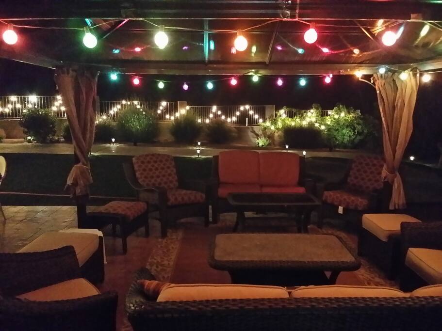 Lights at night! Deep-seated sofa and chairs.