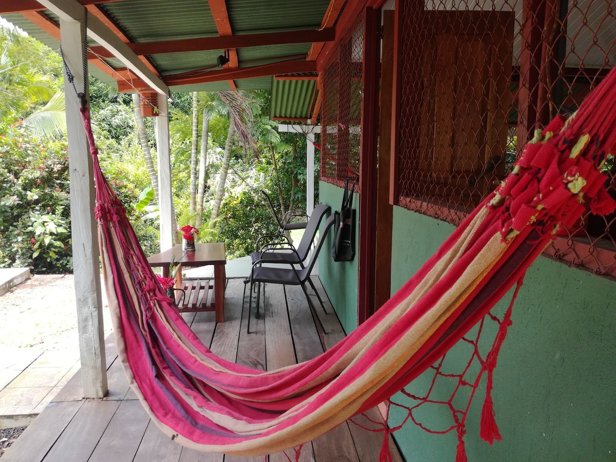 A colorful hammock is gently draped between two posts, inviting relaxation. Nearby, a small wooden table is set with a vase of flowers, while two folding chairs rest on a wooden deck. Lush greenery surrounds the outdoor space, creating a serene atmosphere.
