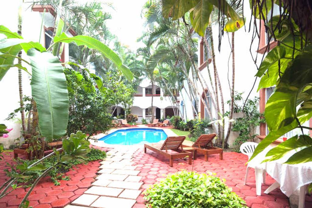 Relax in this quiet pool garden.