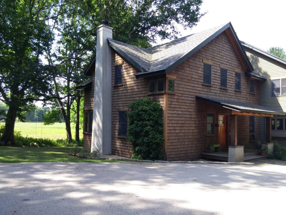 House entrance with meadow view.