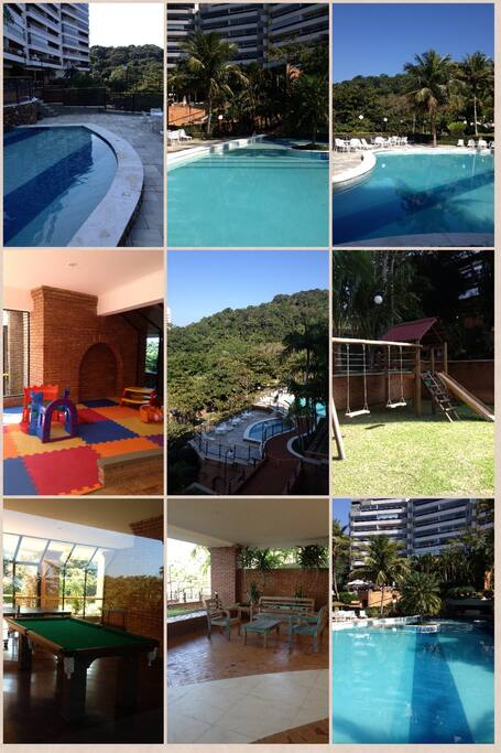 Piscina infantil, piscina adulto, salao de jogos, parquinho.