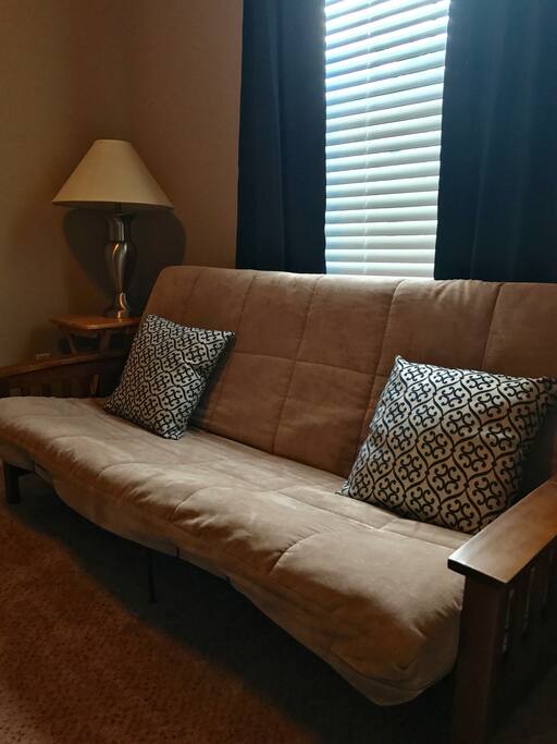 Soft, relaxing futon with plenty of sunlight (or lamp light) and high-quality pillows. Great for reading / being lazy.