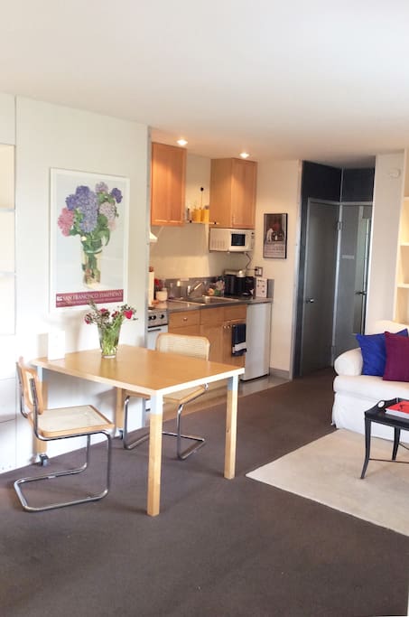 Kitchenette stocked with basics