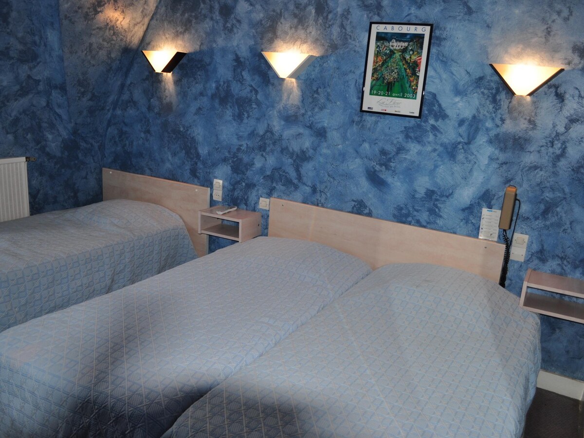 A room features two spacious beds covered in light blue patterned linens against a textured blue wall. Wall-mounted sconces provide soft lighting, and a colorful framed artwork is displayed above one of the beds. Nightstands are positioned beside each bed.