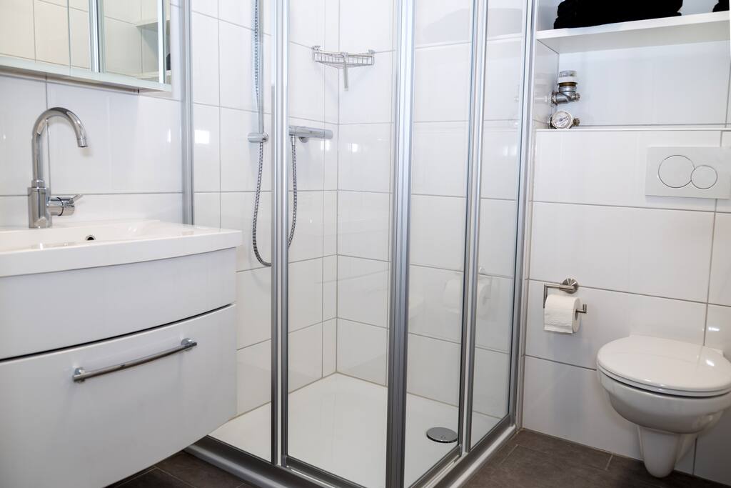Neues Bad mit Spiegelschrank, Dusche, WC