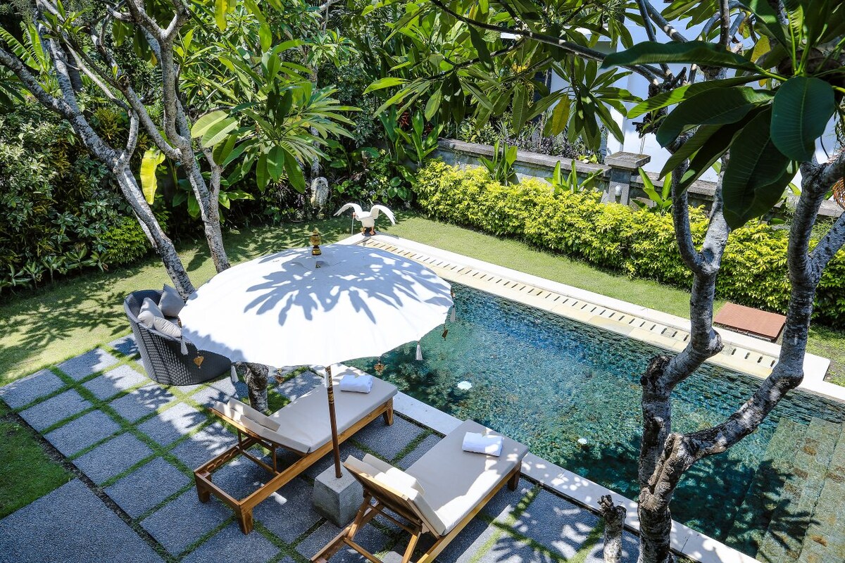 An inviting private pool is surrounded by well-maintained gardens and lush greenery. Sun loungers with light-colored cushions are positioned under a large white umbrella, offering shade. The pool’s clear water reflects the surrounding tropical landscape.