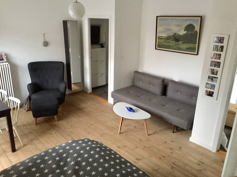 Sovesofa, den kan slåes ud så det bliver en dobbeltseng :-)