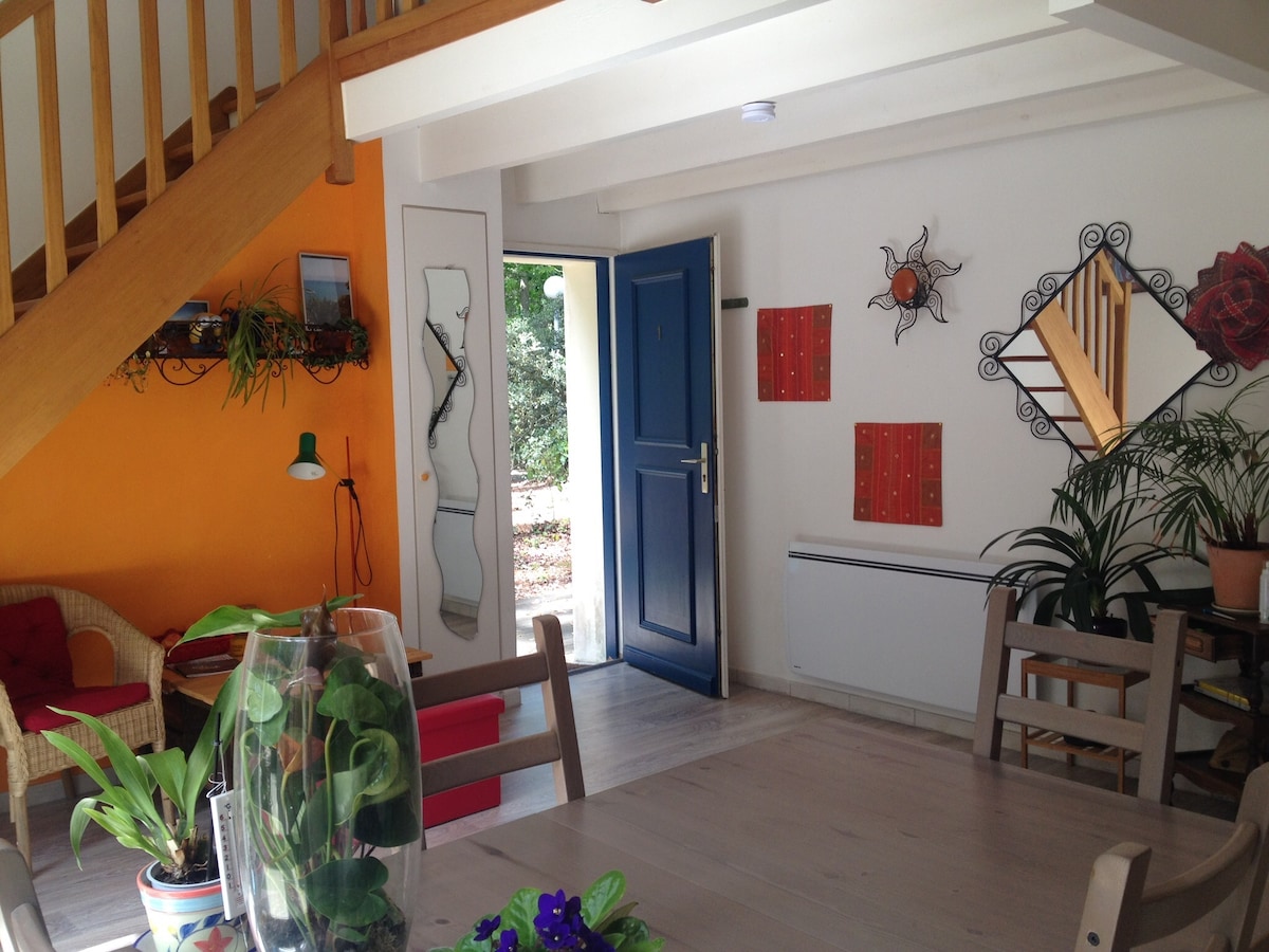 An inviting entrance area is displayed, featuring a blue door that opens to a serene outdoor view. Light-colored walls are accented by warm orange and decorative mirrors. A wooden dining table is surrounded by simple chairs, with greenery and art enhancing the cozy atmosphere.