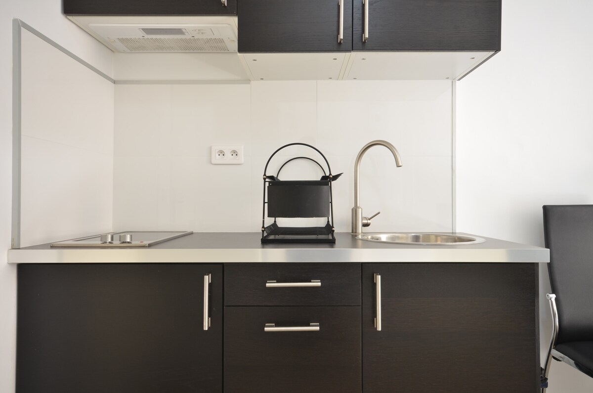 A modern kitchen area is presented with sleek dark cabinetry and a silver countertop. A stainless steel sink and a small cooking area are featured, complemented by a black kettle on the counter. A dining chair sits nearby, enhancing the functionality of the space.