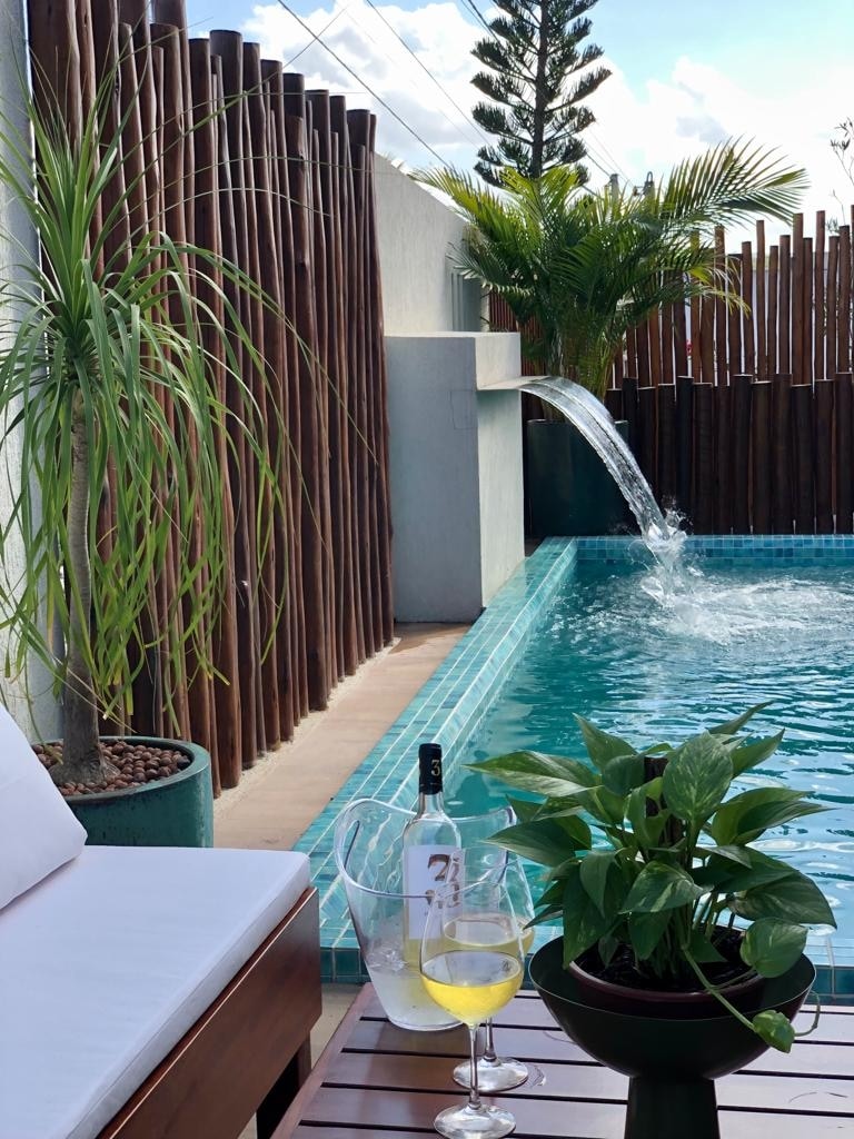 A heated pool features a waterfall and retro illumination, surrounded by wooden fencing and tropical plants. In the foreground, a small table displays glasses and a bottle of wine, adding a touch of relaxation to the inviting space.