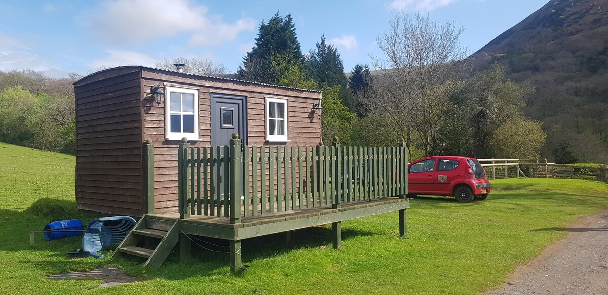 The Shepherd's Hut is positioned on a grassy area, featuring a wooden deck surrounded by green railings. The rustic exterior is complemented by two windows and a central door. A red car is parked nearby, with rolling hills and trees in the background.