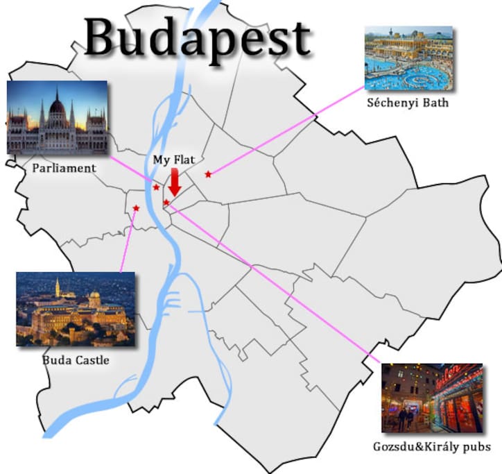 The relative position of the flat in the heart of Budapest, yet in a calm area.