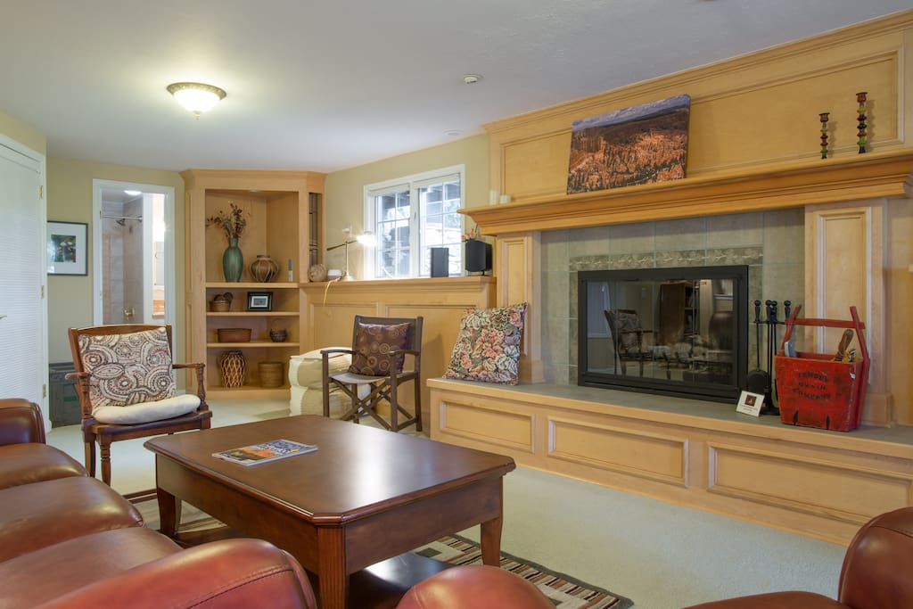 Living room with wood burning fireplace