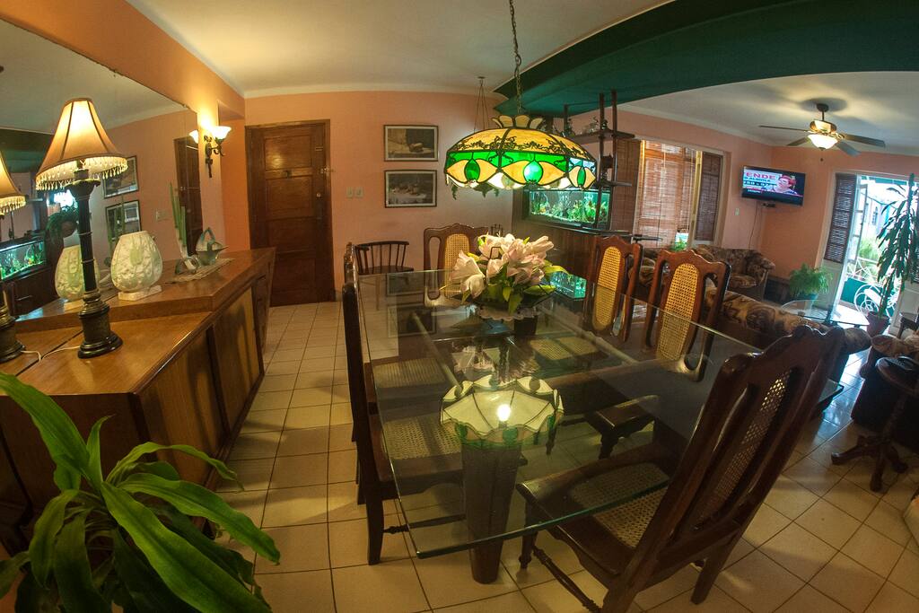 Comedor, espejo, lámparas, muebles, TV, decoración