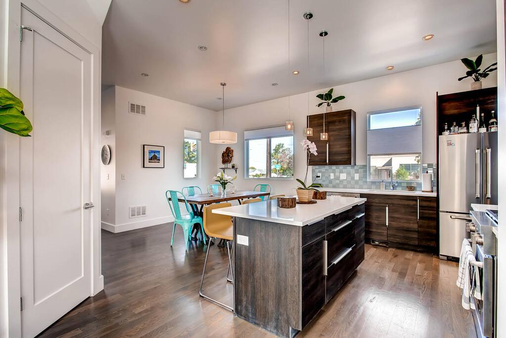 Great island seating for hanging out while cooking in the professionally equipped kitchen