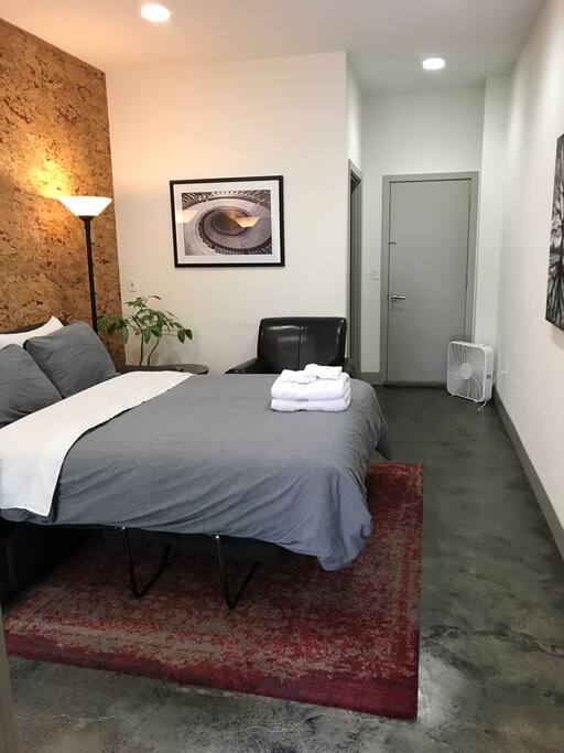 Large studio with high ceilings, contemporary decor, private bathroom, queen size SOFA-BED (Airdream brand, two inches air mattress topper allows more comfort than typical hide-a-bed frames).