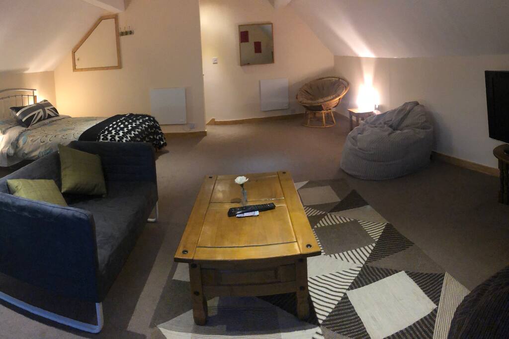 Spacious open plan living room and bedroom
