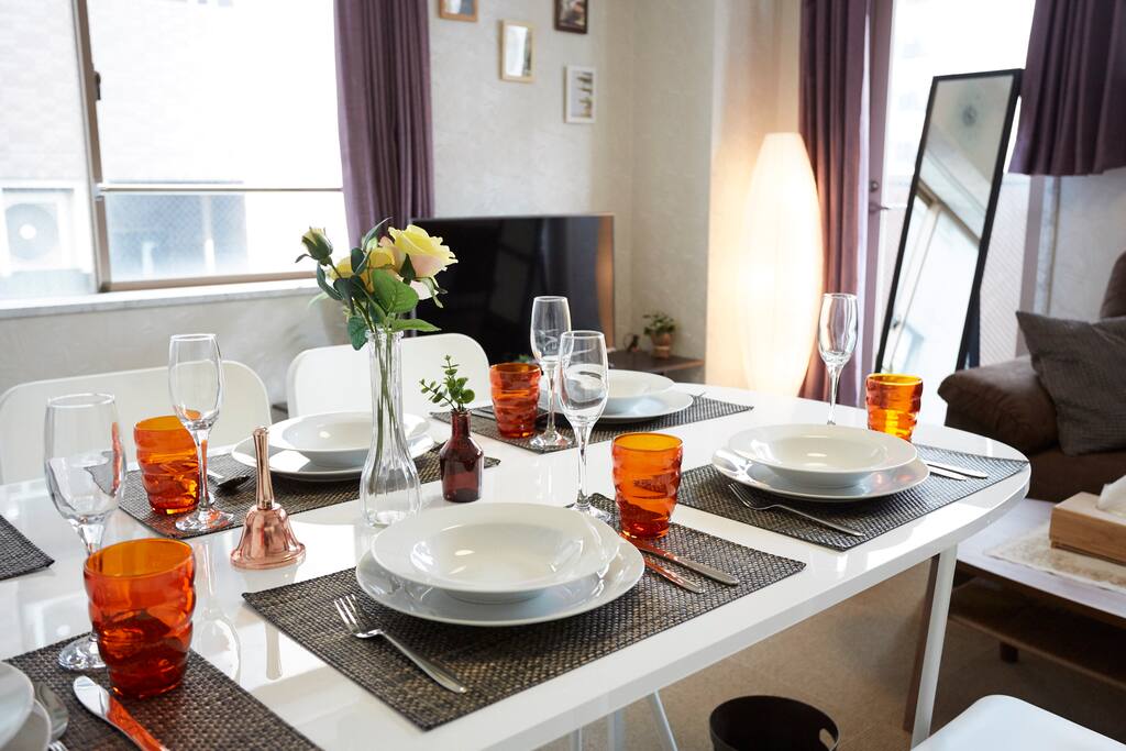 large dining table
sofa and table.
kitchen.