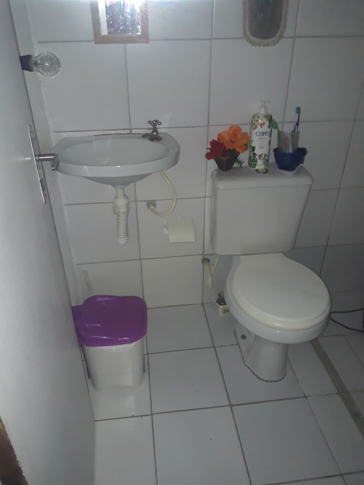 A clean and functional bathroom is shown, featuring a white toilet and a small sink mounted on the wall. A purple trash bin is positioned beside the toilet. Natural light is filtered through a small window, enhancing the bright tiled walls.