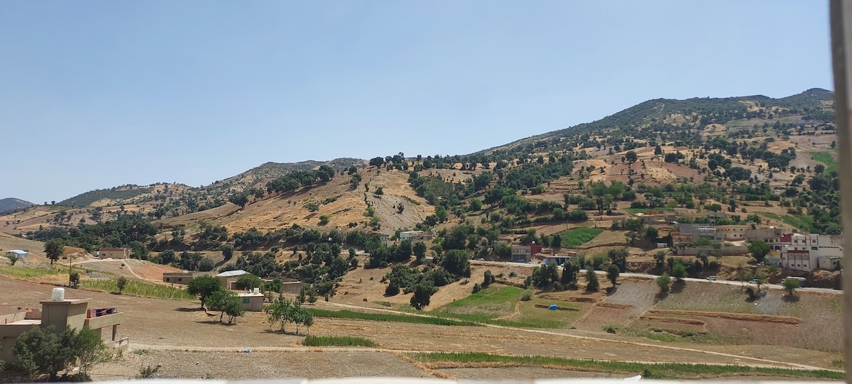 A panoramic view of rolling hills showcases a landscape of golden fields and patches of green vegetation. Sparse trees are scattered throughout, with a few buildings positioned along the foothills, blending harmoniously into the natural surroundings under a clear blue sky.
