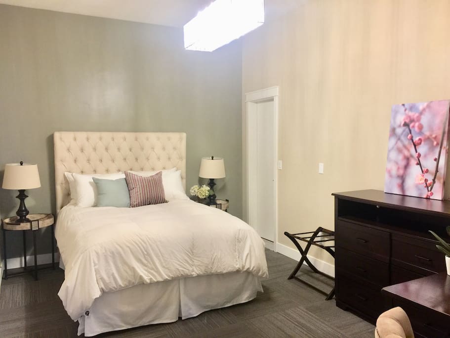 Comfortable bedroom with new
Beauty Rest mattress and down comforters duvets and pillows.