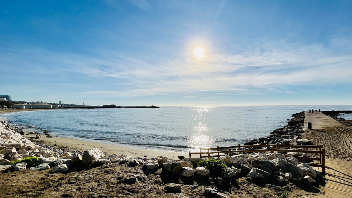 A serene beach scene is captured with gentle waves lapping at the shore. The sun reflects brilliantly on the water's surface, creating a calm and inviting ambiance. A wooden walkway extends into the distance, bordered by smooth stones and coastal vegetation.