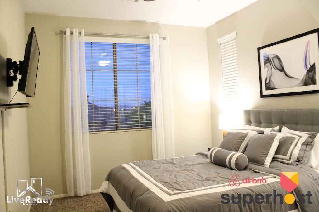 Every room comes with a comfortable bed, flat panel TV, lamps, ceiling fan, and closet.