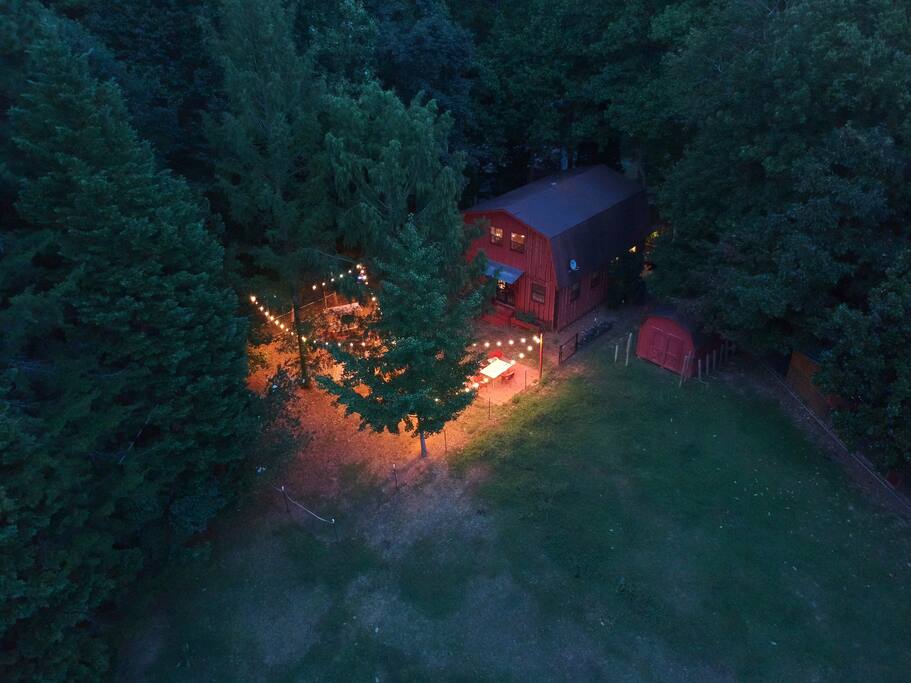 While the back yard at night is magical! (House is now yellow.)