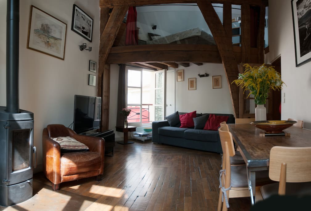 living room with mezzanine