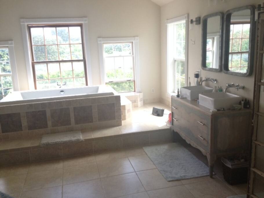 Bathroom with extra large bath and steam room
