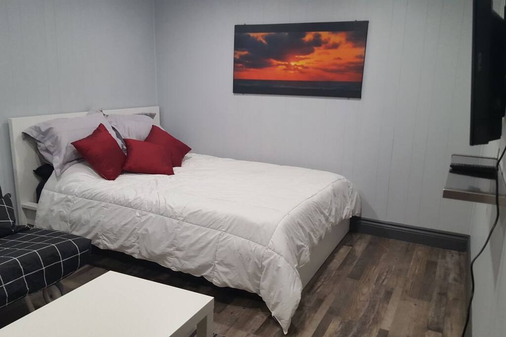 Quality Sealy Mattress, Queen bed with hotel quality duvet.