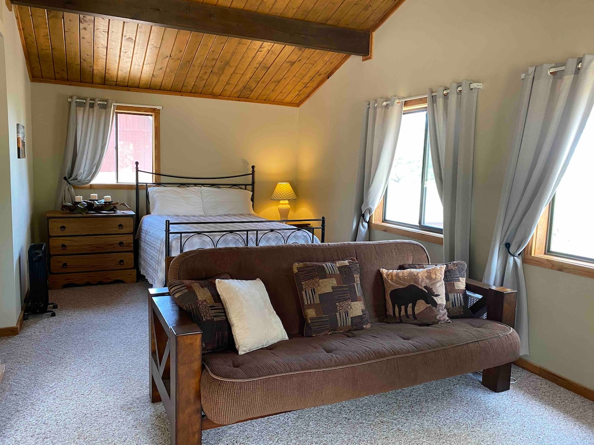 A cozy studio cabin features a spacious queen bed against a wall with two windows, allowing natural light to fill the room. A wooden dresser and lamp stand nearby. In the foreground, a sofa bed with decorative pillows offers additional seating.