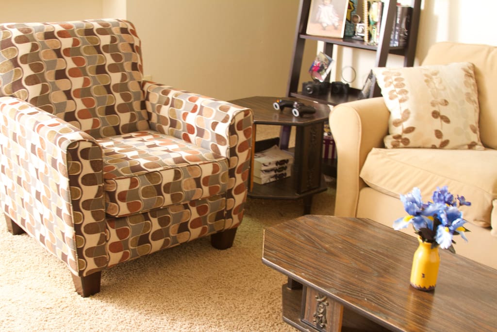 Living Room, Couch, Chair, Coffee Table, Book Shelf, Fireplace, Dresser Drawers, Television, XBox 360 (Netflix)