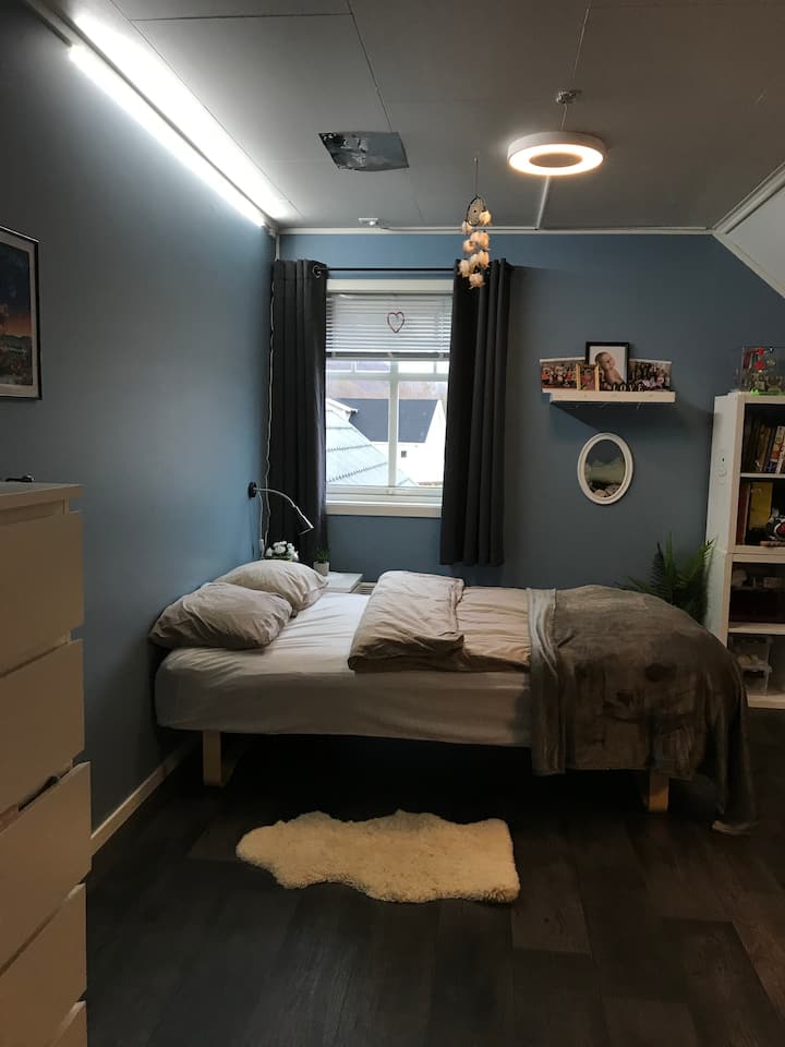 Kitanda kidogo cha watu wawili 120*200.
Sofa ya sebule na meza upande wa pili.
Kuna nafasi kubwa kwa ajili ya vitanda 1 na 2 vya ziada ikiwa unataka.