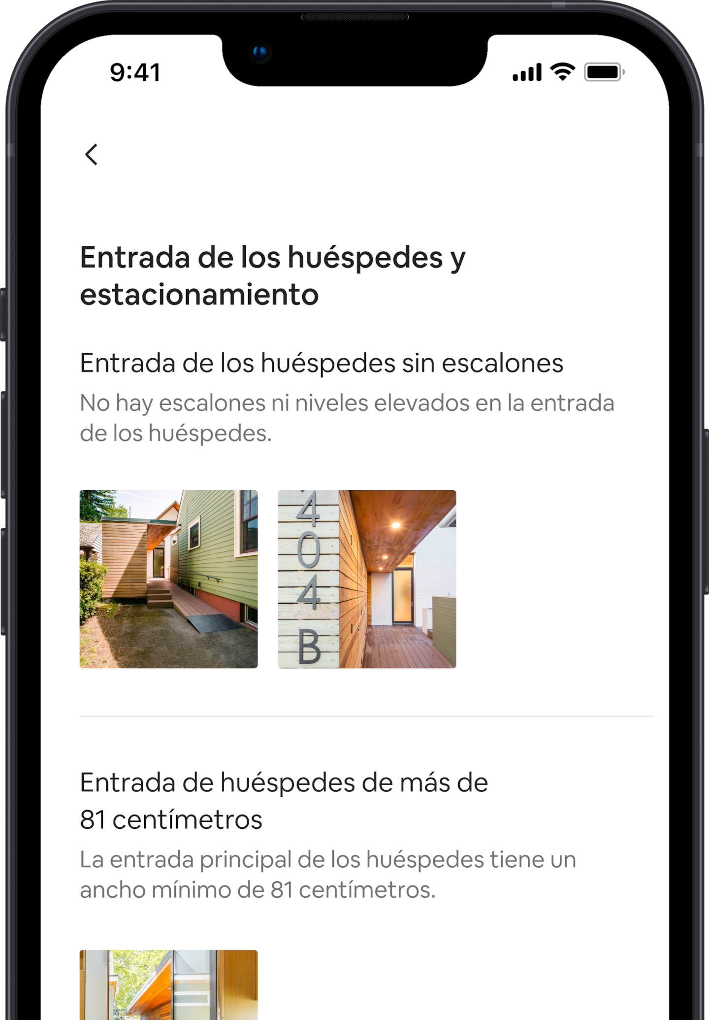 En un celular se muestra un grupo de prestaciones de accesibilidad correspondiente a un anuncio en Airbnb. La primera prestación dice “entrada para huéspedes sin escalones”, con imágenes que corresponden a la prestación. Debajo hay otra prestación de accesibilidad que dice “entrada para huéspedes de más de 81 centímetros”, con una imagen que corresponde a la prestación.