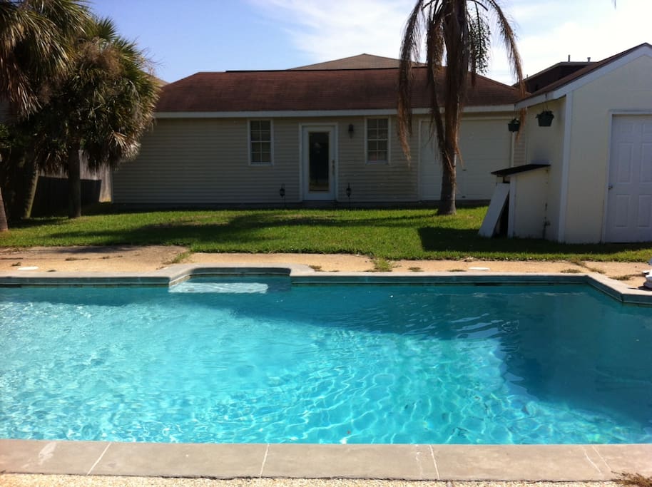 View of pool house in the backyard. Sorry, the pool is not available for use by guests.