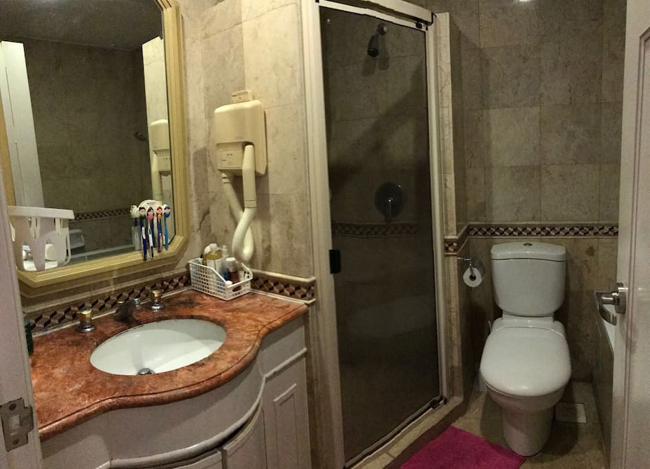 En suite toilet with bath tub and standing shower